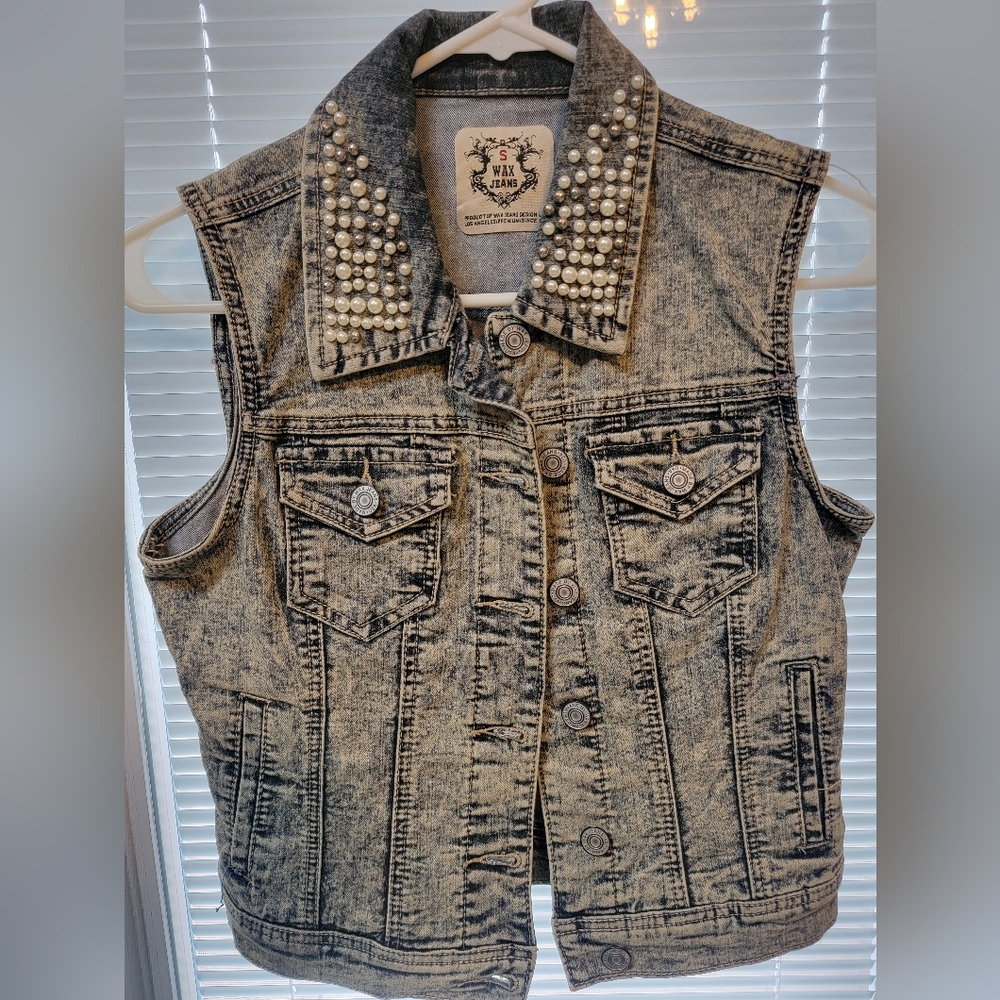 Wax Jean Pearl Embellished Denim Vest